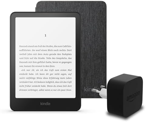 Den neuesten Kindle Paperwhite (2024 Release) 16 GB mit Werbung, ein Amazon-Stoffhülle und ein Amazon Powerfast 9W Netzteil.