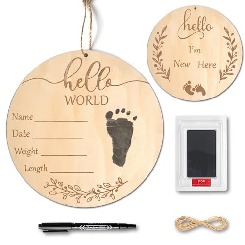 Image of Baby Birth Announcement Sign with Marker Pen, Wooden Hello World Newborn Sign with Ink Pad for Baby Hand and Footprints, Double-sided Newborn Announcement Sign for Baby Shower Photo Prop Keepsakes