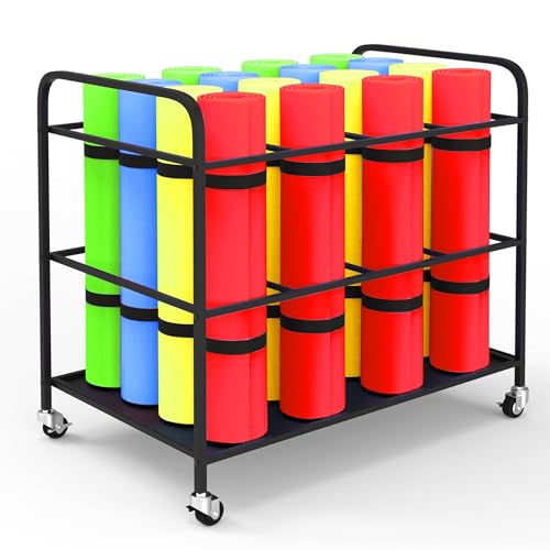ElveBuka Large Yoga Mat Storage Rack Cart with Wheels, Metal Yoga Mat Holder Basket Home Gym Foam Rollers Organizer for Home Gym Yoga Studio(Stand Only, No Mats)