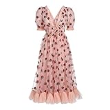 Women Embroidered Sequin Strawberry Cocktail Dresses Plunge V Neck Lace Up Pleated Mesh Midi Party Dress (Pink Short Sleeve, S)