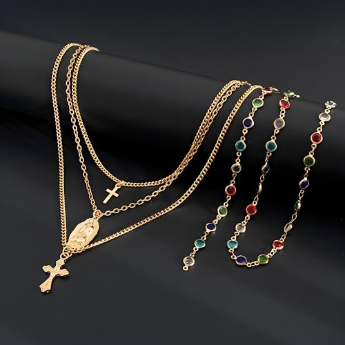 Gold Layered Cross Necklaces For Women, 4Pcs Stack Choker Vintage Pendant Cross Rhinestone Stacking Virgin Mary Necklace Dainty Waterproof Non Tarnish Summer Beachy Jewelry Gifts2