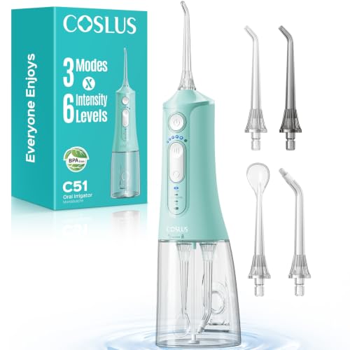 Image of COSLUS ADA Accepted C51 Water Dental Flosser for Teeth, 3 Modes 6 Pressure | Water Dental Pick for Orthodontic, Braces, Sensitive Gums, Multiple Users, Compact for Travel Built-in Nozzle Storage, Green