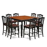 East West Furniture CHEL9-BLK-LC 9 Piece Counter Height Dining Set Includes a Square Kitchen Table with Butterfly Leaf and 8 Faux Leather Dining Room Chairs, 54x54 Inch, Black & Cherry