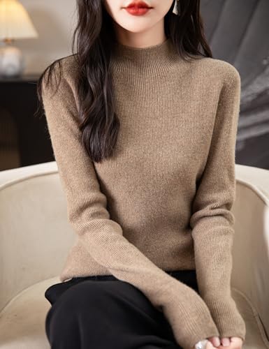 Women's 100% Merino Wool Seamless Sweater Mock Neck First-Line Ready to Wear Long Sleeve Ribbed Knit Pullover4