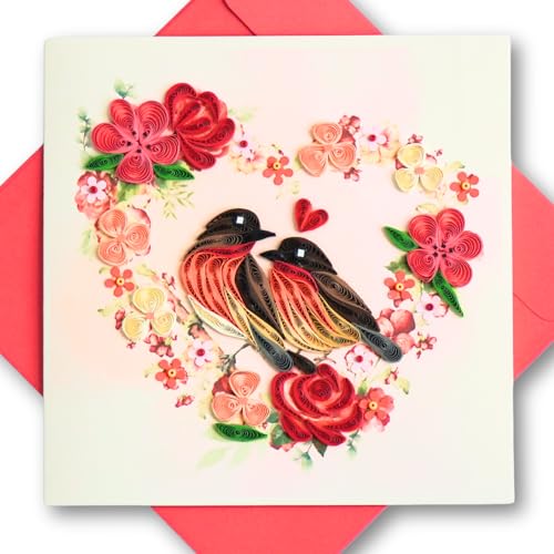 FOXCHILL Quilling Valentine's Day Card with Envelope - Handmade Romantic Love Birds Floral Heart