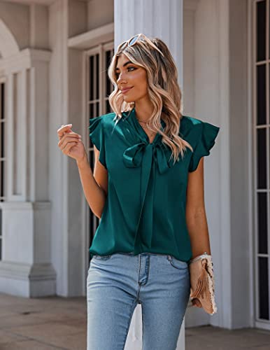 Zeagoo Sleeveless Blouses For Women Silk Shirt Ruffle Trim Bow Top Spring Summer Blue Green #TOP1