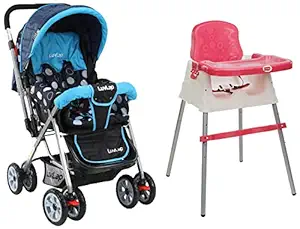 Sunshine Stroller/Pram, Easy Fold, for Newborn Baby/Kids, 0-3 Years (Sky Blue) & Luvlap 4 in 1 Convertible High Chair Cum Booster Seat (Pink)