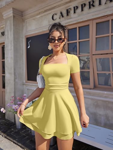 Image of XXTAXN Women's Sexy Square Neck Short Sleeve Ruched Tiered Ruffle Hem Flowy Club Party Mini Dress