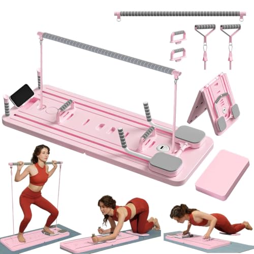 ExeractFit Mini Reformer Pilates Kit avec Barre de Pilate et Bandes de Résistance, Pilates Board Planche Pilate Maison Multifonctionnel Rouleau Abdominaux Équipement d'entraînement(Rose)