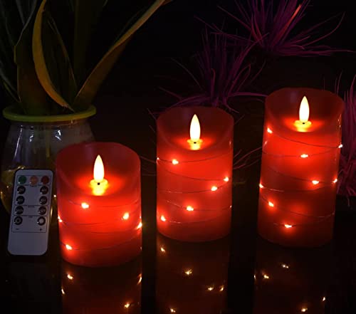 Image of danip red LED flameless Candle with Embedded Star String, 3-Piece Set of LED Candles, with 11 Button Remote Control, 24-Hour Timer Function, Dancing Flames, Real Wax, Battery Powered. (Red)