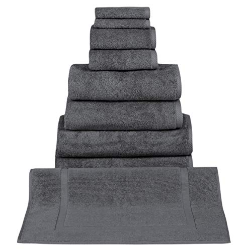 Classic Turkish Towels - Premium Cotton Quick-Dry 9 Pc Bath Towel And Bath Mat Set - Soft, Lightweight, Bathroom Towels Made With 100% Turkish Cotton (Grey) #TOP6