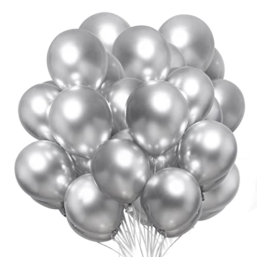 50 Stück Metallic Luftballons Silber, 12 Zoll Silber Latex Ballons, Metallic Ballon Silberfarben für Hochzeit, Geburtstag, BabyParty, Zeremonie und Partydeko