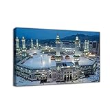 NTEUMM Islamic Wall Art Canvas Print Pilgrimage To Mecca Poster Mecca Mosque At Night Architectural Poster Home Decor Gift for Muslim (No Frame,16x24inch)