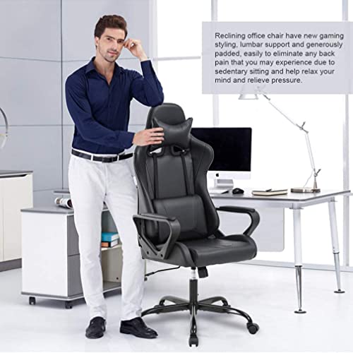 Gaming Chair, Office Chair Computer Racing Chair Ergonomic Video Game Chairs for Adult Kids Teen Height Adjustable Reclining Chair with Lumbar Support Armrest Headrest Swivel Chair Black