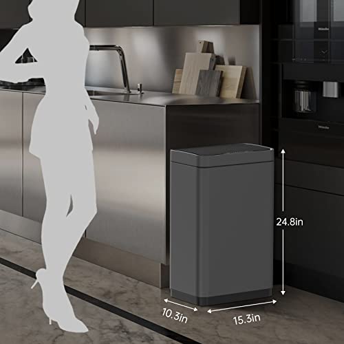 Image of Mbillion 15 Gallon Touchless Motion Sensor Trash Can | Rectangular grey smart garbage can with lid, automatic touchless design for kitchen, bedroom, home & office use