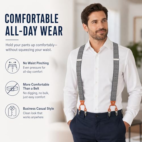Image of Men's Heavy Duty Y-Back Suspenders, 6 Strong Metal Clips Adjustable Elastic Straps for Work, Tuxedos, and Daily Wear