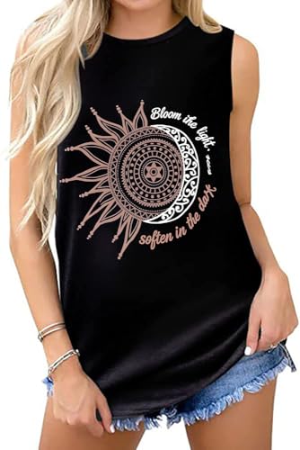 Sun Moon Graphic Tank Tops for Women Summer Sleeveless Tshirts Beach Casual Loose Tunic Blouses(Black, L)