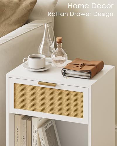 Image of Masupu Rattan Nightstand,Modern Night Stand Boho Farmhouse Wood Bedside Table with Storage Drawer Side End Table for Bedroom,Office,White