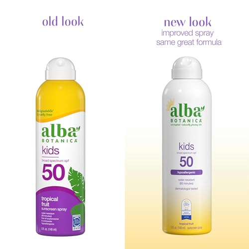 Image of Alba Botanica Kids Sunscreen Spray for Face and Body, Tropical Fruit, Broad Spectrum SPF 50, Water Resistant, 5 fl. oz. Bottle