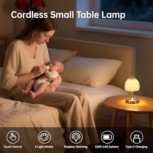Image of Shenmoyl Set of 2 Tulip Table Lamp with 5200mAh Battery & Touch Control, Cordless Small Table Lamp with 3 Colors, Rechargeable Battery Operated Table Lamps for Nightstand, Bedroom (White Tulip)