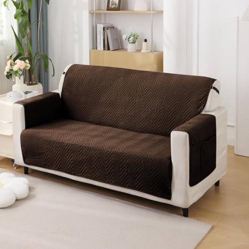 Image of HOKIPO Polyester Quilted 2 Seater Sofa Cover Mat with Pockets, Dark Coffee (NEW2-802-DCF)