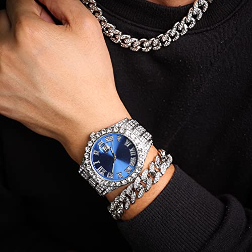 Halukakah Diamond Watch for Men - The Royal - 18K Real Gold/Platinum White Gold Plated & Handset Diamonds Iced Out,42MM Width Green/Blue/Red Dial Wristband 9.5”,Cuban Link Chain 8"+18",Comes with Giftbox2