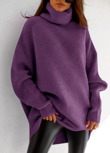 Image of Womens Turtleneck Oversized Sweater Batwing Chunky Pullover Sweater Casual Fall Loose Knit Jumper Top