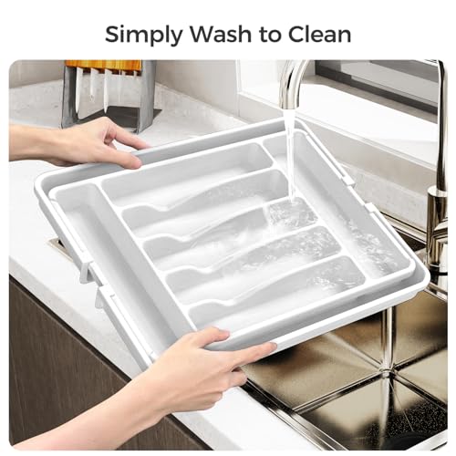 Extra Large Expandable Silverware Organizer, BPA-Free Food-Safe Cutlery Flatware Organizer, Kitchen Utensil Drawer Organizer, Adjustable Silverware Holder for Spoons Forks Knives, White