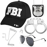 GAKSK 6PCS FBI Costume Cop Accessories with Adjustable Baseball Cap, Cop Badge Sunglasses Earpiece Police Set for Adult Halloween Secret Service Dress Up Men Women Cosplay Party