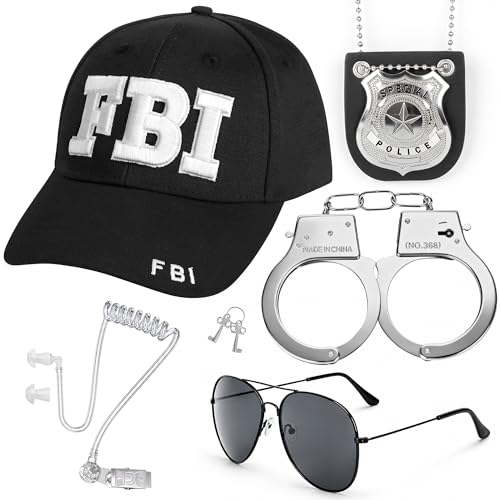 GAKSK 6PCS FBI Costume Cop Accessories with Adjustable Baseball Cap, Cop Badge Sunglasses Earpiece Police Set for Adult Halloween Secret Service Dress Up Men Women Cosplay Party