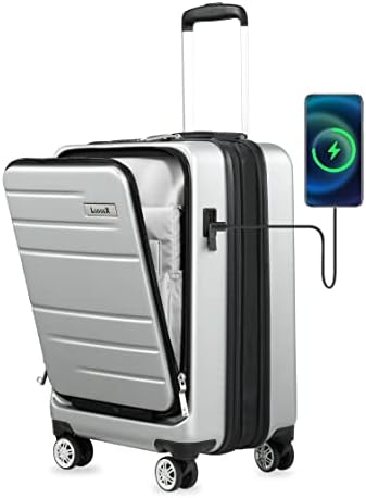 LUGGEX Expandable Carry On Luggage with USB Port – Hard Shell Suitcase with Front Pocket – Carryon Luggage with Spinner Wheels Free Travel (Silver Suitcase)