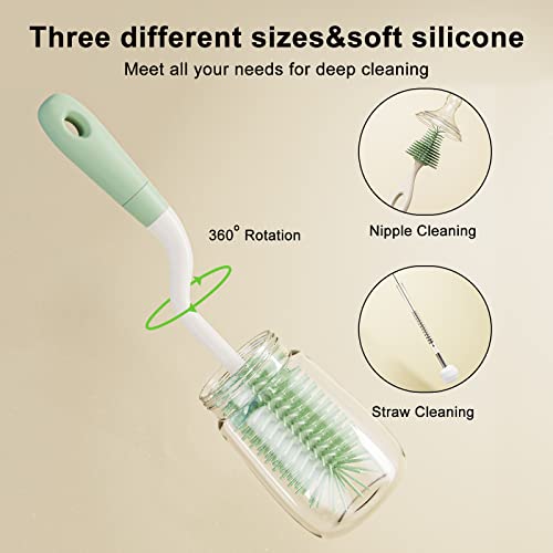 Epiichuan Silicone Bottle Brush Set With Stand, 360° Rotating Silicone Bottle Cleaning Brush Cleaner Set, Long Handle 3 In 1 Multipurpose Silicone Baby Bottle Gap Cap Cleaner Brush (Green) #TOP3