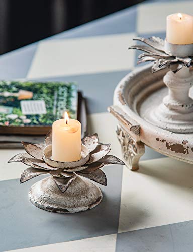Antique Candle Holders For Pillar Candle, Distressed White Lotus Candlestick Holders Metal Rustic Farmhouse Candle Holders, Decorative Candle Stand For Centerpiece, Dining Coffee Table(6.3"X6.3"X3.3") #TOP4