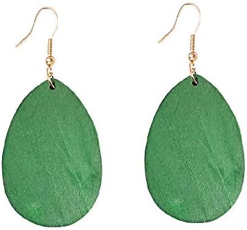 KaFu Dangle Natural Wood Teardrop Geometric Circle Earrings Stainless Steel Stud Bohemia Retro Earrings for Women Girls (Olive)