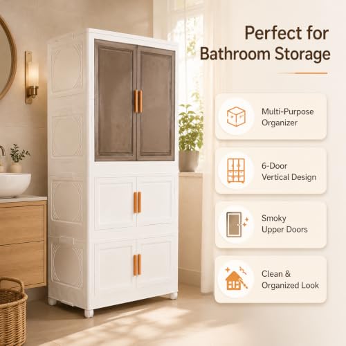Image of KRISHYAM 3-Tier Plastic Storage Cabinet with 1 Doors Smoky Translucent Upper Doors, Multipurpose Clothes Organizer for Bedroom, Kids Room & Home, 127 x 69 x 35 cm, White Grey