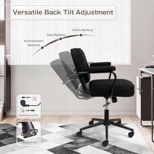 Image of Home Office Chair, Ergonomic Desk Chair with Lumbar Support, Adjustable Height Rolling Swivel Task Chair with Armrests, PU Leather, for Meeting,Study Room Black