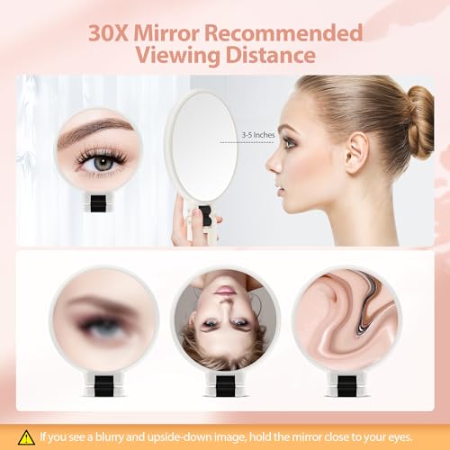 Image of B Beauty Planet 30X Magnifying Mirror, Hand Mirror with Handle, Double Sided Hand Mirror with 30X /1X Magnification, Travel Essential Portable Foldable Makeup Mirror for Precision Makeup White