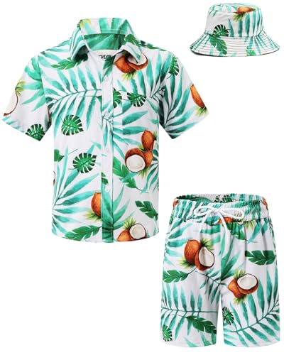 TUNEVUSE Little & Big Boys Hawaiian Button Down Shirts and Short Sets with Bucket Hat Summer Outfits Printed Kids Cabana Set