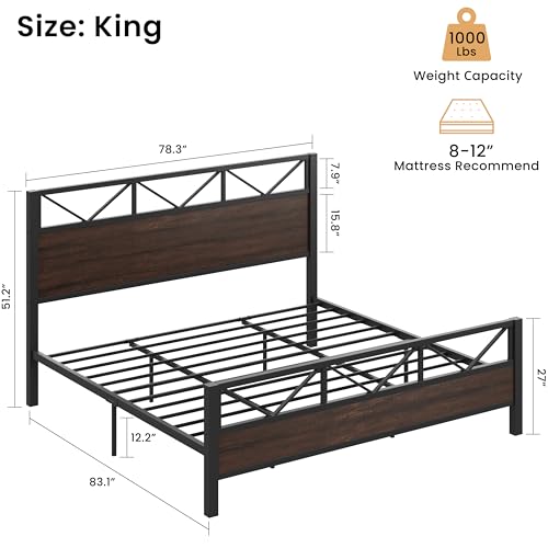 Image of LIKIMIO King Bed Frame, Tall Industrial Headboard 51.2 inch, Platform Bed Frame with Strong Metal Support, Solid and Stable, Noise Free, No Box Spring Needed, Easy Assembly, Dark Brown