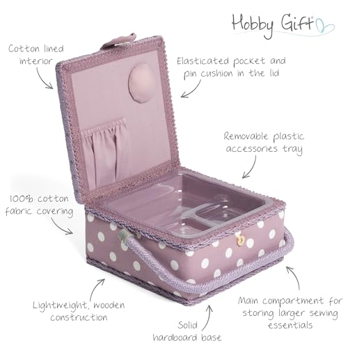 Miniatura 3 de Hobby Gift Caja De Costura Pequeña Con Asa, Cesta De Algodón Para Almacenaje De Costura, Organizador Con Compartimentos Para Herramientas Y Accesorios, 20 X 20 X 11 Cm, Lunares Malva