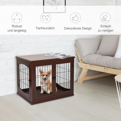 PawHut Hundekäfig für Zuhause, Hundehütte mit 2 Eingängen, Abschließbar Hundebox, Hundehaus für kleine Hunde, Braun, 58,5 x 81 x 66 cm