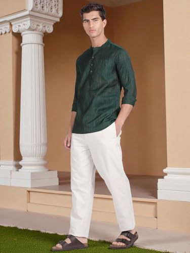Image of KRYPTIC Men's Full Sleeve Regular Fit Short Kurta in Premium Pure Cotton with Patch Pocket and Mandarin Collar - Perfect Blend of Style and Comfort
