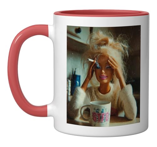 Funny Disgusting Doll face Meme Smoking Sad Sarcastic Humor Ceramic Mug, Red/White