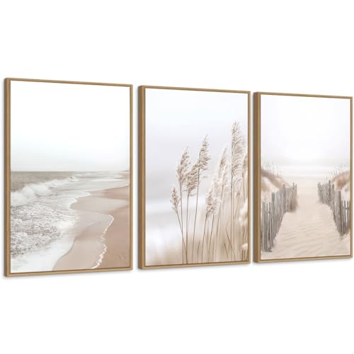 Image of Neutral Beach Pampas Grass Wall Art Boho Coastal Canvas Prints Wall Decor, Ocean Shore Landscape Scene Framed Ocean Theme Nature Wilderness Artwork for Living Room Bedroom, Set of 3, 16x24 Inch