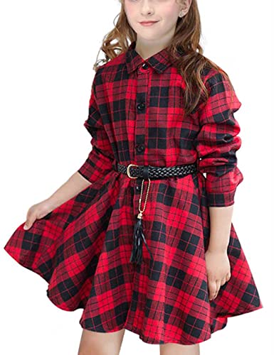 Girls Christmas Dress Long Sleeve Buffalo Plaid Shirt Dresses,6-12 Years