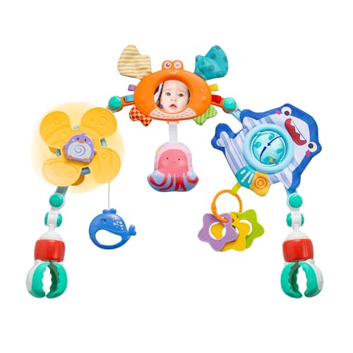 Image of UTOPLIKEY Adjustable Baby Stroller Arch Toy, Car Seat Toys for Infants 6-12 Months Bassinet Hanging Toy Bar Attachment with Mirror & Sound, Crib Comfort Gift for Birthday, Baby Shower