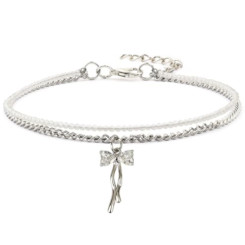 WGXIA - Mondstein fußkettchen für damen - Doppelreihiges Fußkettchen mit Mondstein - Silber Edelstahl Kette und Kristallschleife Anhänger Fusskette - Fussketten für Frauen (moonstone)