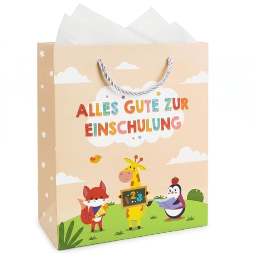 COMOOKA Geschenktüte Einschulung Geschenk Verpackung 25x21x10cm Tüte +2 Seidenpapier Schulkind Geschenktasche Schulanfang für Junge Mädchen mit Henkel Schulstart 1. Klasse