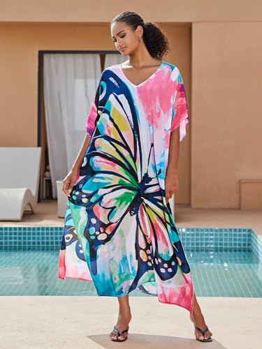 Image of KECVOT Kaftan Dresses for Women V-Neck Print Swimsuit Cover Up Plus Size Beach Caftan Lounge Dress