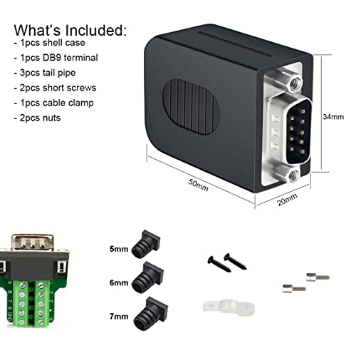 Image of DTECH DB9 Breakout Connector Male RS232 Connector Kit Serial Adapter DB-9 Solderless Module Board with Terminals Block, Case, Nuts and Tail Pipes (DB9 Male + Nuts)